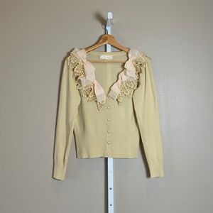 A’Reve Crochet Chiffon Bow V-neckline Cardigan Sweater
